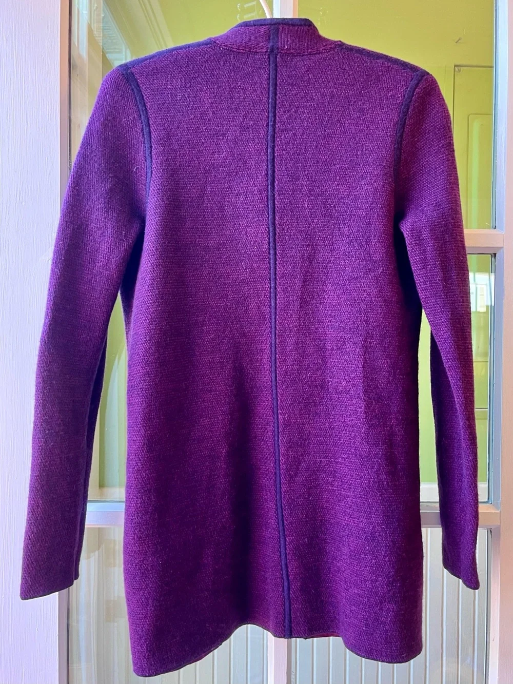 Talbots Open Front Merino Wool Cardigan in Plum, Magenta Interior, Slant Pockets
